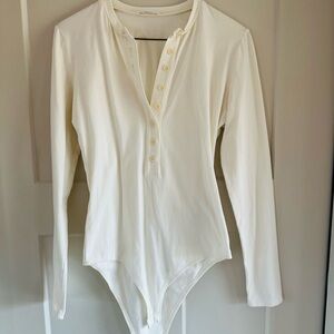 Reformation Nisa Knit Cream White Long Sleeve Henley Bodysuit, Size Medium